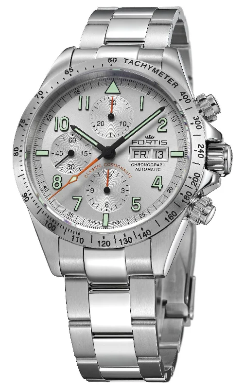 hybrid watches with fitness features for men-Fortis Classic Cosmonauts Automatic Chronograph Stainless Steel Silver Dial Day/Date Mens Watch F2140000