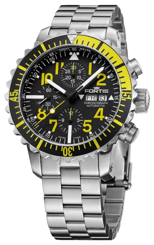 fitness trackers for women with built-in workout modes-Fortis Marinemaster Yellow Automatic Chronograph Stainless Steel Black Dial Day/Date Divers Mens Watch F8140001