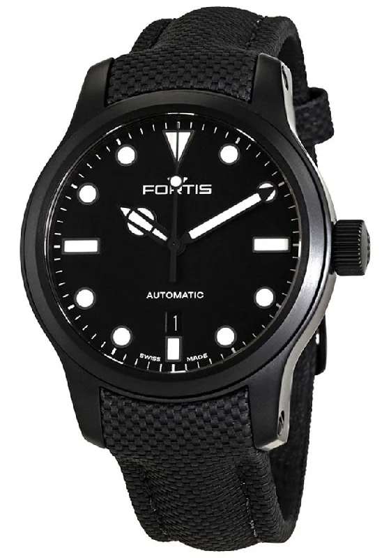 women’s watches with rose gold accents for trendy look-Fortis Shoreliner Lighthouse Automatic Black PVD Black Dial Black Textile Strap Date Divers Mens Watch F4020004