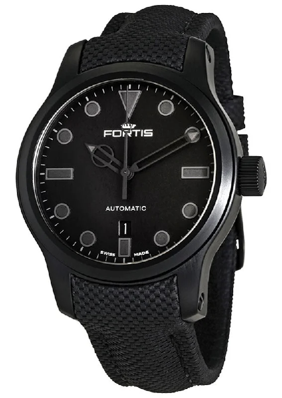 classic watches with modern tech features-Fortis Shoreliner Vik Beach Automatic Black PVD Black Dial Black Textile Strap Date Divers Mens Watch F4020003