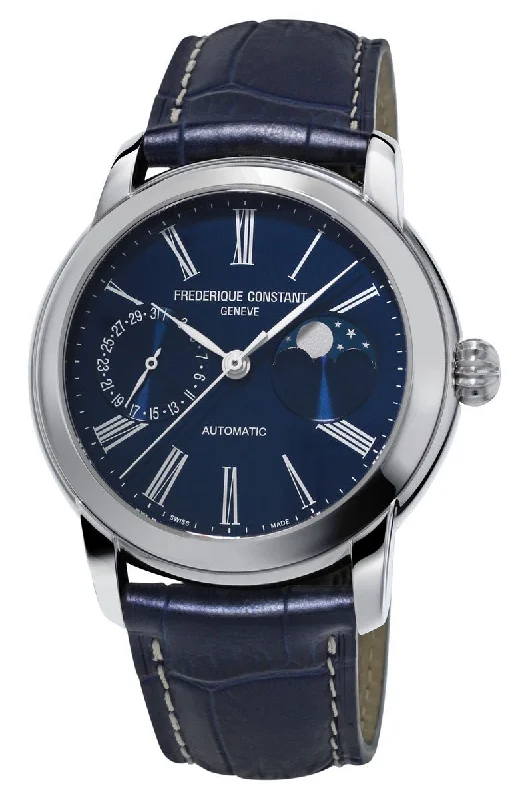 watches for travel with dual time zone feature-Frederique Constant Classic Moonphase Manufacture Automatic Blue Dial Blue Leather Strap Mens Watch FC-712MN4H6