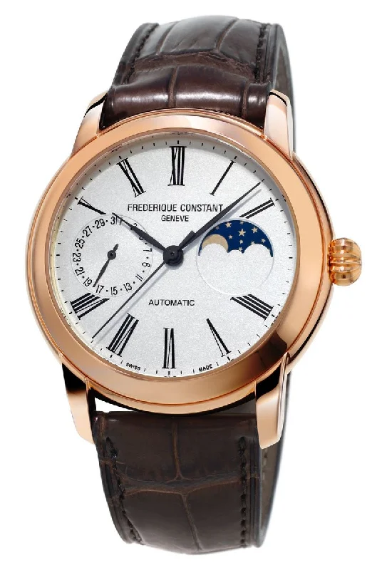 women’s watches with minimalist design for professional use-Frederique Constant Classic Moonphase Manufacture Rose Gold Tone Steel Automatic Silver Dial Brown Leather Strap Mens Watch FC-712MS4H4