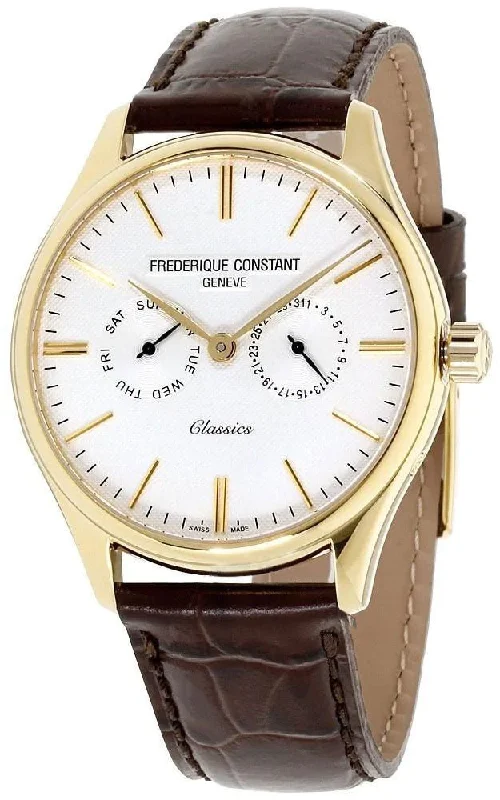 smartwatch for men with customizable notifications-Frederique Constant Classics Gold Plated Steel Silver Dial Brown Leather Strap Day/Date Quartz Mens Watch FC-259ST5B5