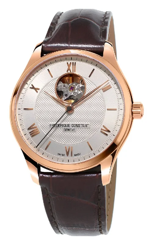 women’s watches with rose gold accents for trendy look-Frederique Constant Classics Heart Beat Rose Gold Tone Steel Automatic Silver Dial Brown Leather Strap Mens Watch FC-310MV5B4