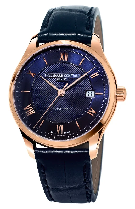 best luxury watches for women-Frederique Constant Classics Index Automatic Rose Gold Tone Steel Blue Dial Date Blue Leather Strap Mens Watch FC-303MN5B4