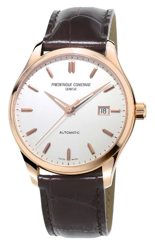 smartwatch for men with fitness and productivity features-Frederique Constant Classics Index Automatic Rose Gold Tone Steel Silver Dial Brown Leather Strap Mens Watch FC-303V5B4