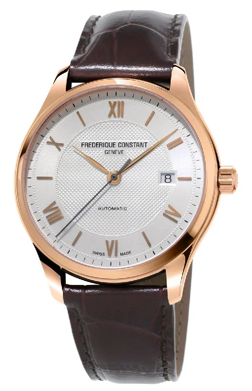 luxury watches with high-end movement and design-Frederique Constant Classics Index Automatic Rose Gold Tone Steel Silver Dial Date Brown Leather Strap Mens Watch FC-303MV5B4