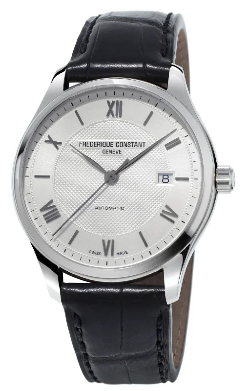 stylish analog watches for modern men-Frederique Constant Classics Index Automatic Silver Dial Date Black Leather Strap Mens Watch FC-303MS5B6