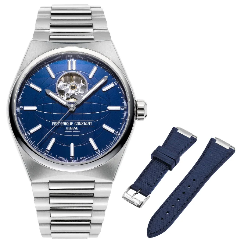 oversized watches for men with metal case-Frederique Constant Highlife Heart Beat Automatic Stainless Steel Blue Dial Interchangeable Blue Rubber Strap Mens Watch FC-310N4NH6B