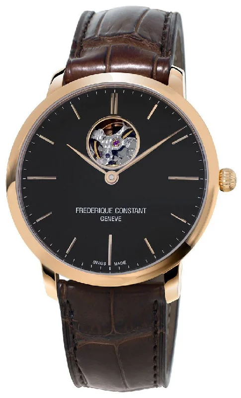 high-tech fitness watches with body composition analysis-Frederique Constant Slimline Heart Beat Automatic Black Dial Brown Leather Rose Gold Plated Mens Watch FC-312G4S4