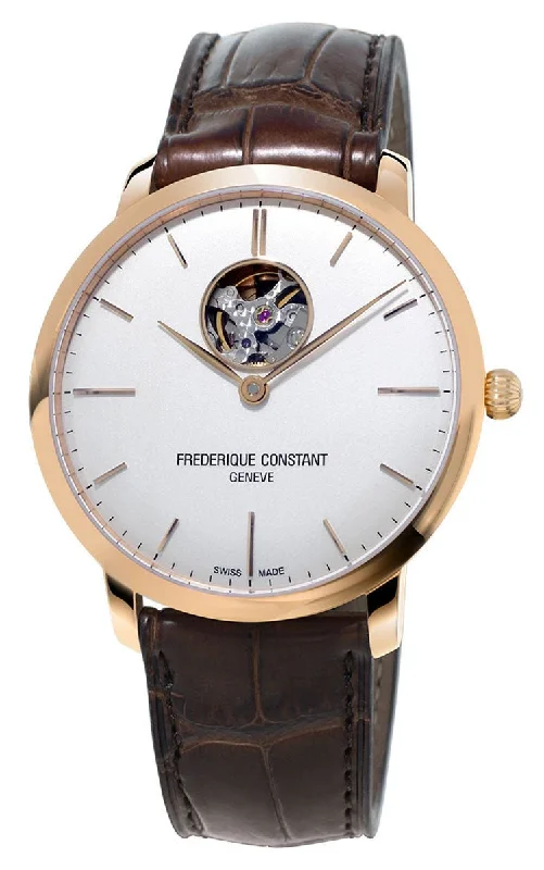 fitness trackers for women with built-in workout modes-Frederique Constant Slimline Heart Beat Automatic Silver Dial Brown Leather Strap Mens Watch FC-312V4S4