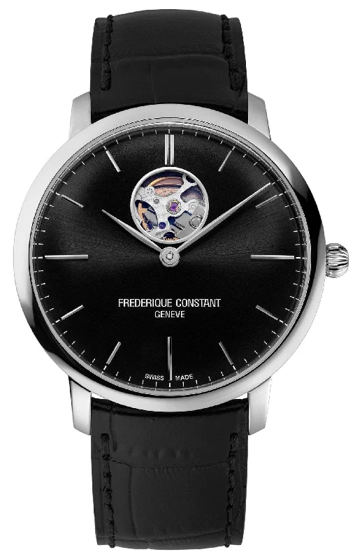 watches with stainless steel band for formal occasions-Frederique Constant Slimline Heart Beat Automatic Stainless Steel Black Dial Black Leather Strap Mens Watch FC-312B4S6