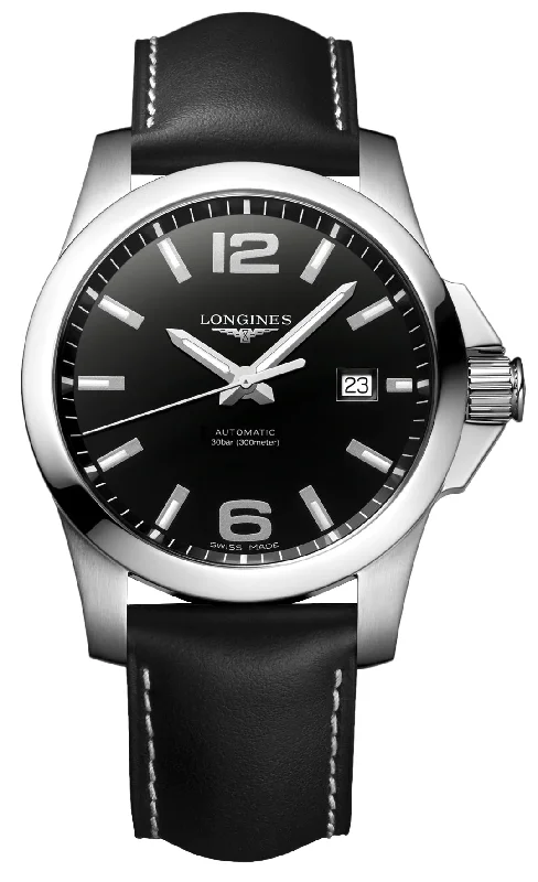 stylish watches with interchangeable bands-Longines Conquest Automatic Stainless Steel Black Dial Black Leather Strap Date Divers Mens Watch L3.778.4.58.3