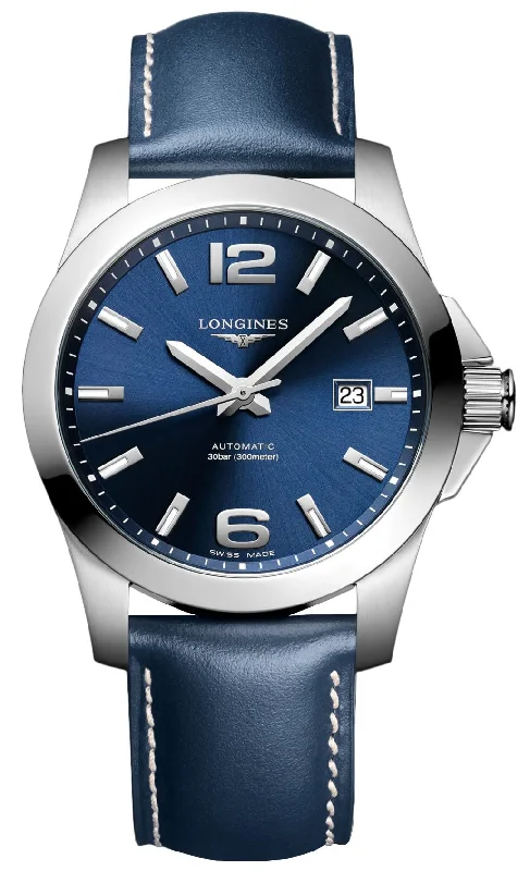 oversized digital watches for men-Longines Conquest Automatic Stainless Steel Blue Dial Blue Leather Strap Date Divers Mens Watch L3.777.4.99.0