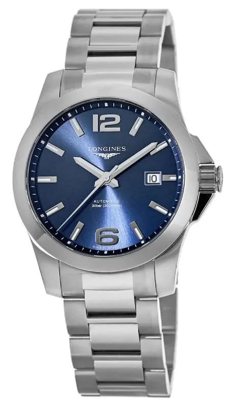 smartwatch for music lovers with offline music storage-Longines Conquest Automatic Stainless Steel Blue Dial Date Divers Mens Watch L3.778.4.96.6