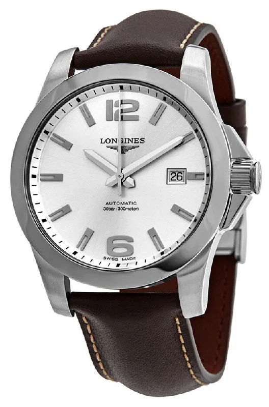 fitness tracking watches with GPS-Longines Conquest Automatic Stainless Steel Silver Dial Brown Leather Strap Date Divers Mens Watch L3.777.4.76.5