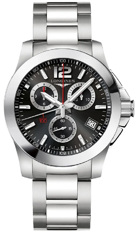 fitness watches with accurate step counting function-Longines Conquest Chronograph Stainless Steel Black Dial Date Divers Quartz Mens Watch L3.700.4.56.6