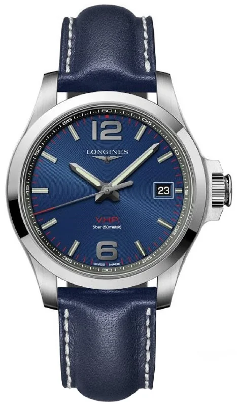 watches for athletes with GPS and heart rate sensor-Longines Conquest V.H.P. Stainless Steel Blue Dial Blue Leather Strap Date Quartz Mens Watch L3.726.4.96.7