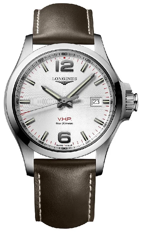 stylish watches for business casual outfits-Longines Conquest V.H.P. Stainless Steel Silver Dial Brown Leather Strap Date Quartz Mens Watch L3.726.4.76.4