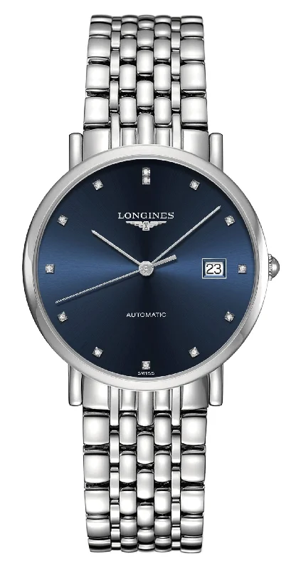 stylish women’s smartwatches with fitness functions-Longines Elegant Automatic Stainless Steel Blue Dial Diamonds Date Mens Watch L4.810.4.97.6