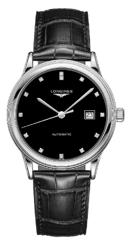 women’s watches with diamond-encrusted bezel-Longines Flagship Automatic Stainless Steel Black Dial Black Leather Strap Diamonds Date Mens Watch L4.984.4.57.2