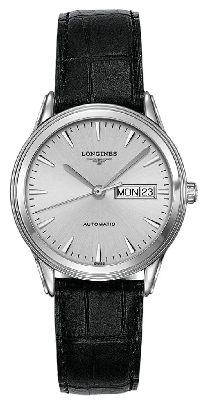 best watches for keeping track of time zones-Longines Flagship Automatic Stainless Steel Silver Dial Black Leather Strap Day/Date Mens Watch L4.899.4.72.2