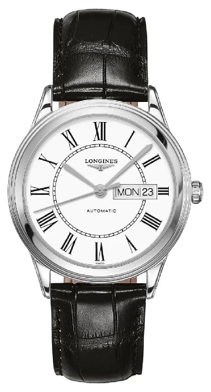 watches with large face for easy reading-Longines Flagship Automatic Stainless Steel White Dial Black Leather Strap Day/Date Mens Watch L4.899.4.21.2