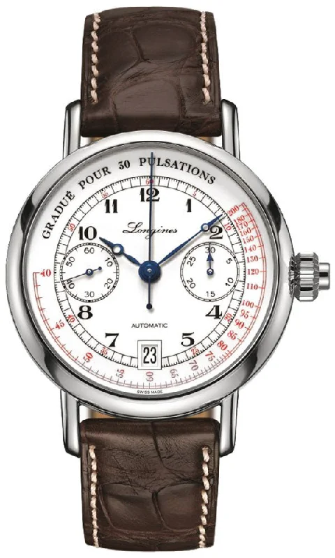 smartwatch with sleep analysis and monitoring-Longines Heritage Column Wheel Pulsometer Chronograph Automatic White Dial Brown Leather Strap Date Mens Watch L2.801.4.23.2