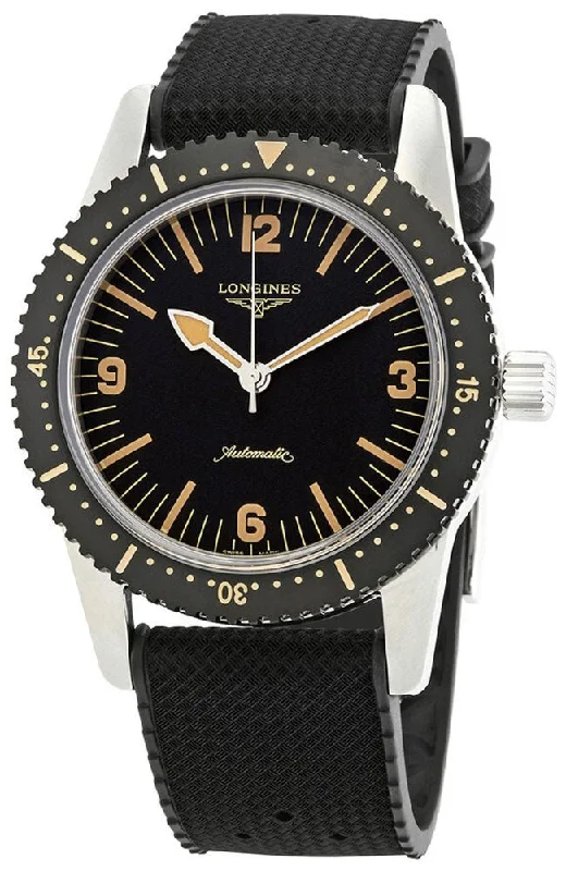 men’s luxury watches with stainless steel band-Longines Heritage Skin Diver Automatic Stainless Steel Black Dial Black Rubber Strap Mens Watch L2.822.4.56.9