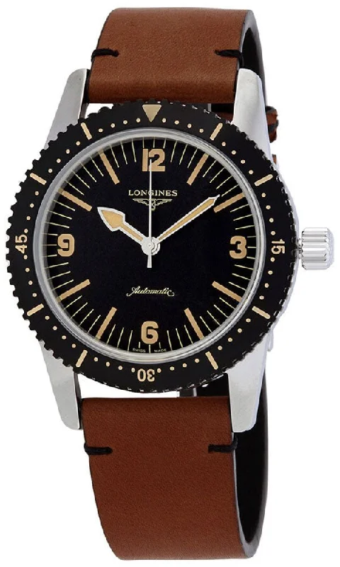 retro watches for men with vintage designs-Longines Heritage Skin Diver Automatic Stainless Steel Black Dial Brown Leather Strap Mens Watch L2.822.4.56.2