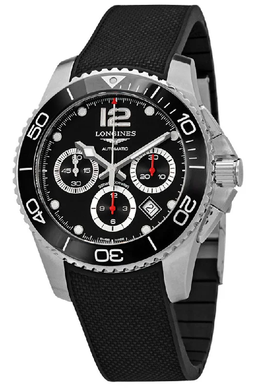 luxury watches with sapphire crystal glass-Longines HydroConquest Automatic Chronograph Stainless Steel Black Dial Black Rubber Strap Date Divers Mens Watch L3.883.4.56.9