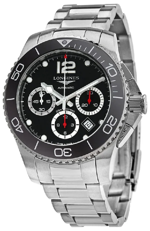 fitness watches with calorie and step tracking-Longines HydroConquest Automatic Chronograph Stainless Steel Black Dial Date Divers Mens Watch L3.883.4.56.6