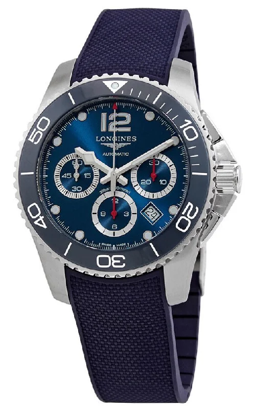 men’s watches with customizable display faces-Longines HydroConquest Automatic Chronograph Stainless Steel Blue Dial Blue Rubber Strap Date Divers Mens Watch L3.883.4.96.9