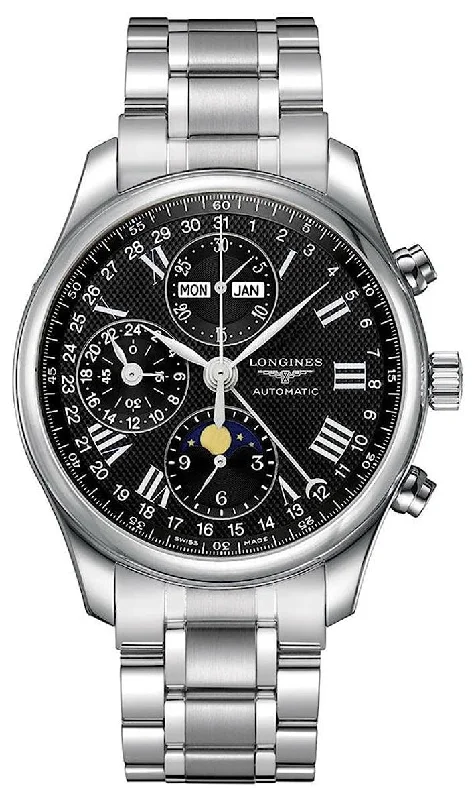 watches with 5ATM water resistance for swimming and diving-Longines Master Collection Automatic Chronograph Stainless Steel Black Dial Moonphase Day/Date Month Mens Watch L2.773.4.51.6