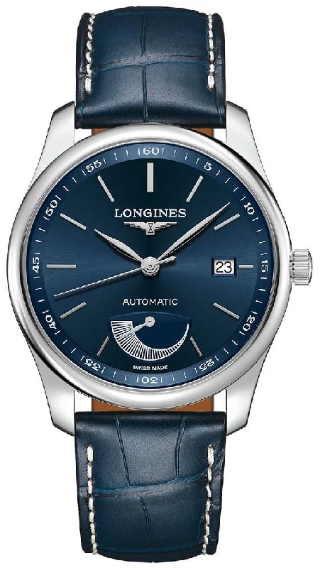 classic watches for office professionals-Longines Master Collection Power Reserve Automatic Stainless Steel Blue Dial Blue Leather Strap Date Mens Watch L2.908.4.92.0