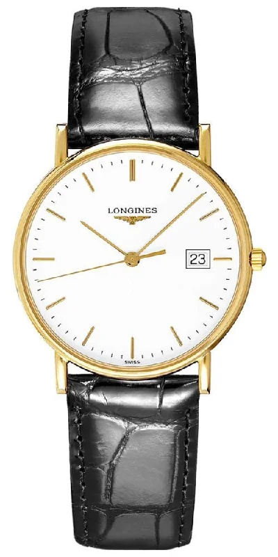 smartwatches with blood pressure monitor and heart rate sensor-Longines Presence 18kt Gold Black Leather Strap White Dial Date Mens Watch L4.743.6.12.2