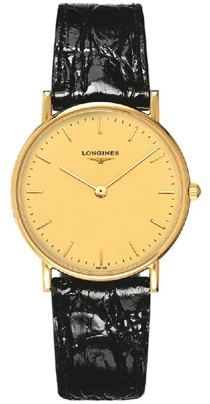 watches with shockproof casing for sports use-Longines Presence 18kt Solid Gold Black Leather Gold Dial Luxury Mens Watch L4.743.6.39.2