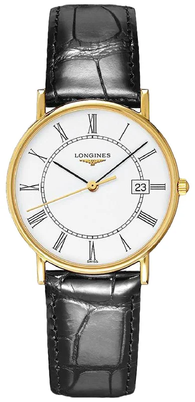 fitness watches with calorie counter-Longines Presence 18kt Yellow Gold White Dial Black Leather Strap Date Quartz Mens Watch L4.743.6.11.0