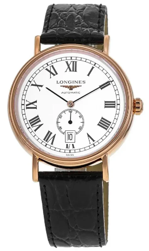 smartwatches with body temperature sensor-Longines Presence Automatic Rose Gold PVD White Dial Black Leather Strap Date Mens Watch L4.905.1.11.2