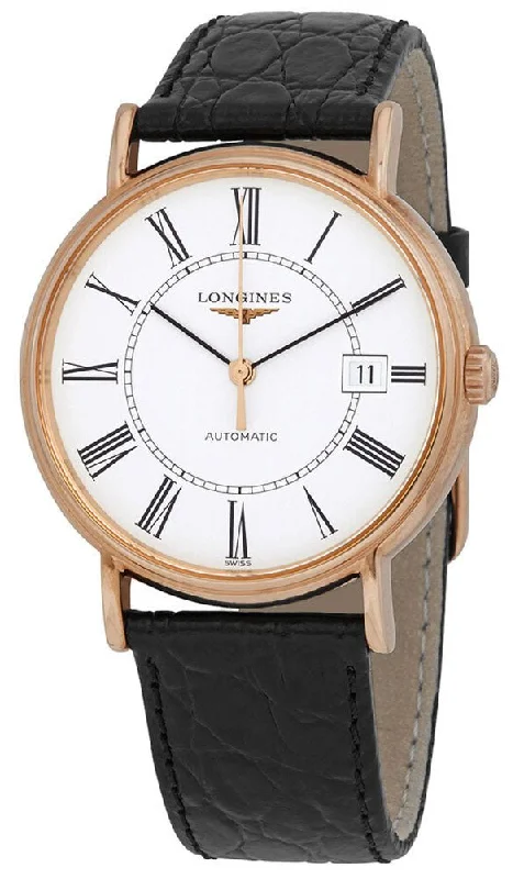 watches with glow-in-the-dark hands-Longines Presence Automatic Rose Gold PVD White Dial Black Leather Strap Date Mens Watch L4.921.1.11.2