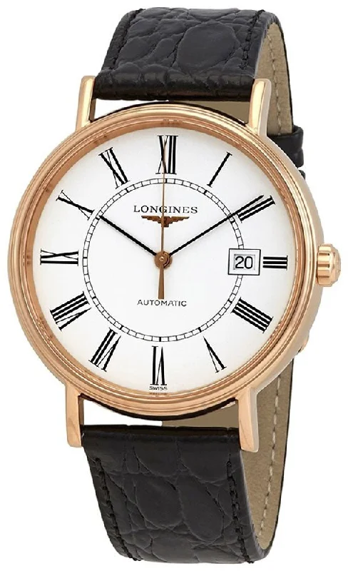 luxury watches for men with high precision-Longines Presence Automatic Rose Gold PVD White Dial Black Leather Strap Date Mens Watch L4.922.1.11.2