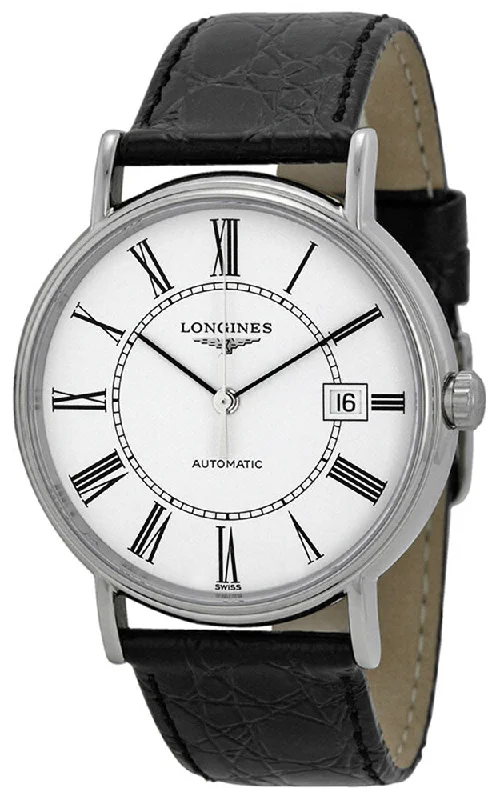 watches with Swiss movement for accuracy-Longines Presence Automatic Stainless Steel White Dial Black Leather Strap Date Mens Watch L4.921.4.11.2