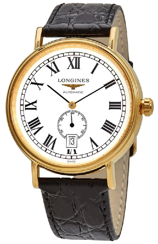 sport watches with pulse monitoring for women-Longines Presence Automatic Yellow Gold PVD White Dial Black Leather Strap Date Mens Watch L4.905.2.11.2