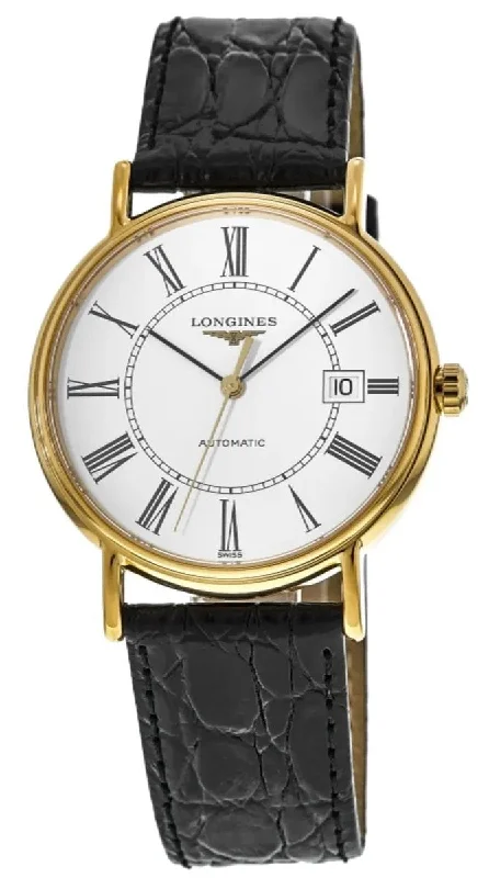 classic leather strap watches for women-Longines Presence Automatic Yellow Gold PVD White Dial Black Leather Strap Date Mens Watch L4.922.2.11.2