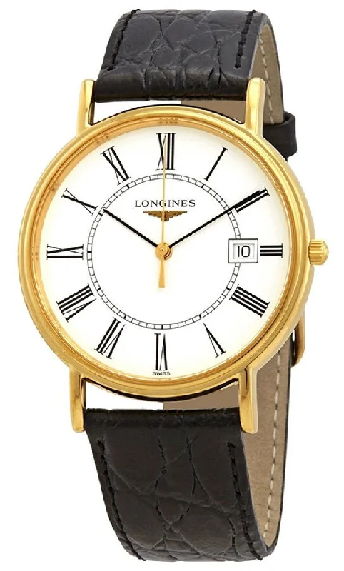 women’s watches with minimalist dial design-Longines Presence Yellow Gold PVD White Dial Black Leather Strap Date Quartz Mens Watch L4.790.2.11.2