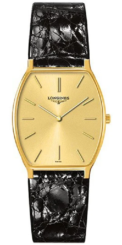 premium watches with durable sapphire crystal-Longines Prestige 18K Yellow Gold Tonneau Black Leather Luxury Mens Watch L4.823.6.32.0