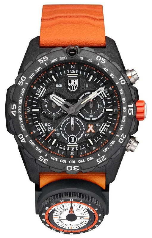 watches with rotating bezels for functional style-Luminox Bear Grylls Survival Chronograph CARBONOX Black Dial Orange Rubber Strap Compass Date Divers Quartz Mens Watch XB.3749