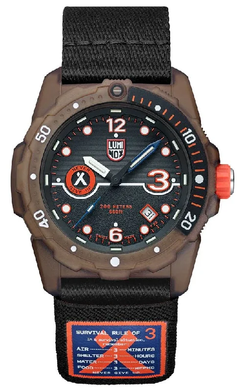 watches for daily wear with modern functionality-Luminox Bear Grylls Survival ECO Tide Black Dial Black Textile Strap Date Divers Quartz Mens Watch XB.3721.ECO