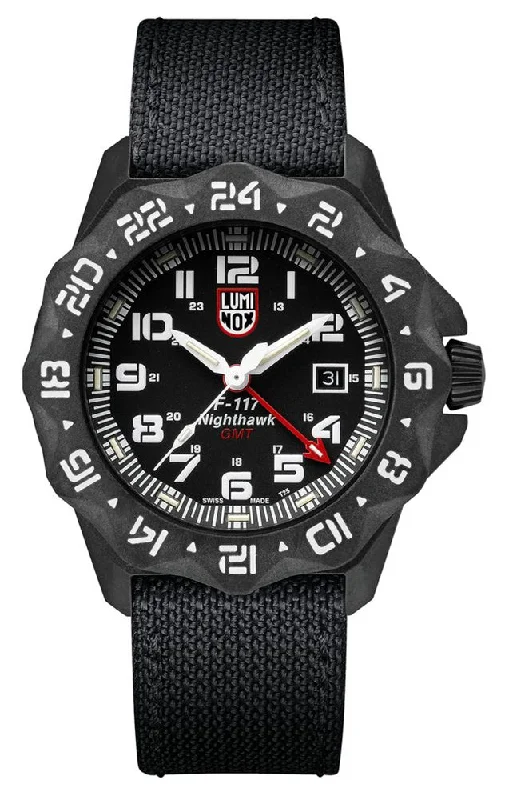 watches with leather bands for elegant look and feel-Luminox F-117 Nighthawk GMT Gunmetal PVD Steel Black Dial Black Kevlar Strap Date Divers Quartz Mens Watch XA.6421