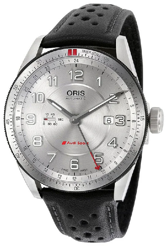 women’s watches with diamond-encrusted bezel-Oris Artix Audi Sport GMT Automatic Stainless Steel Black Leather Strap Date Mens Watch 01 747 7701 4461-07 5 22 87FCS